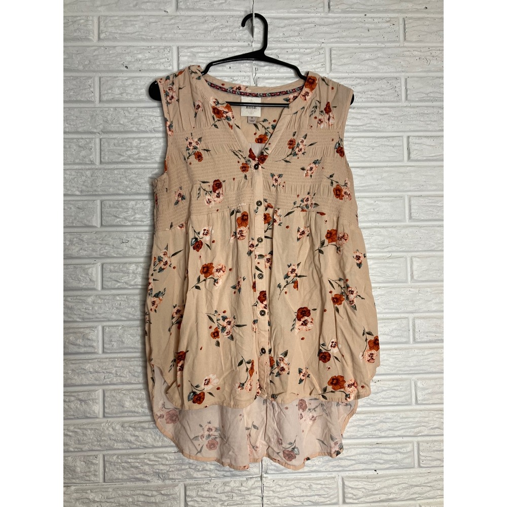 Knox Rose Floral Sleeveless Blouse Womens Medium Peach Excellent Smocked Boho